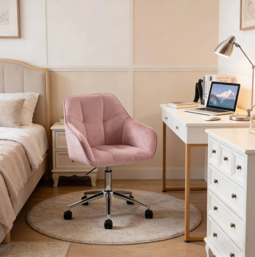 Sedia da ufficio ergonomica rosa in velluto con ruote