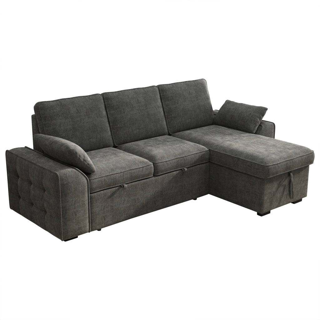 Divano angolare convertibile 3 posti con contenitore; funzione letto e USB in chenille grigio 237×141×86 cm