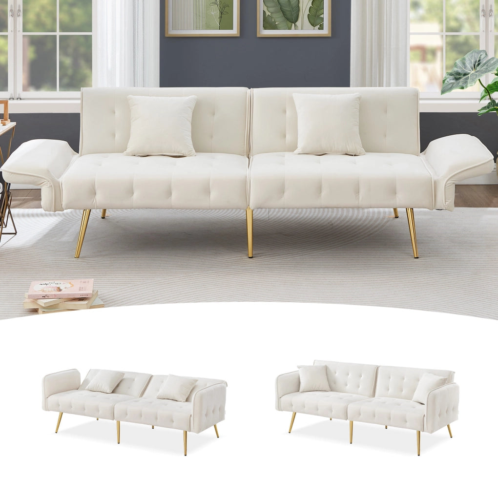 Divano letto 2 posti ULEVR 178x82x70 cm con schienale e braccioli regolabili, velluto bianco antico