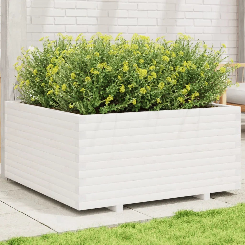 Fioriera da Giardino-Vaso da Esterno Bianca 100x100x49,5 Legno Massello di Pino