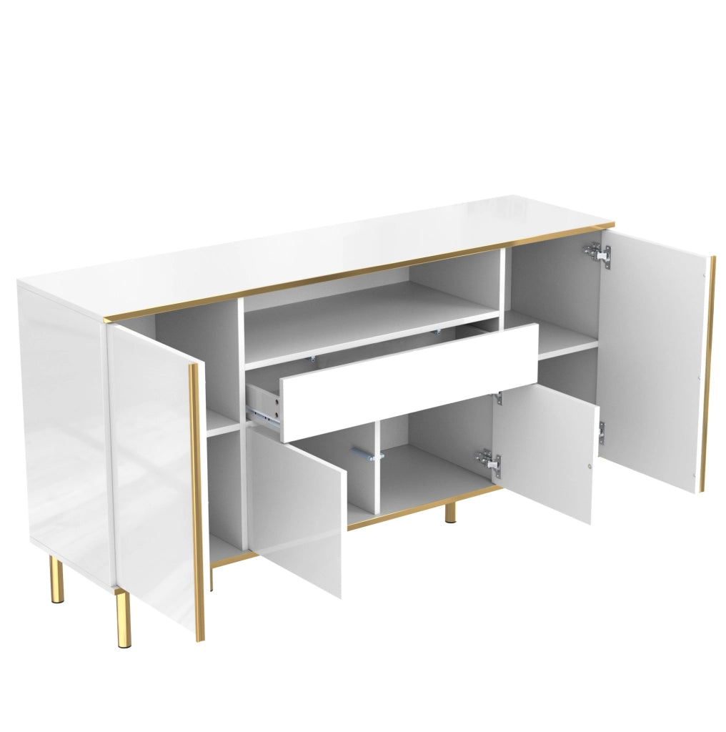 Credenza 150x40x80 cm con LED; 4 ante e 1 cassetto; MDF e pannello truciolare bianco lucido