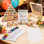 Set di giochi per baby shower con blocchi in legno, stampe, pennarelli acrilici e scatola di conservazione per gender reveal e baby shower