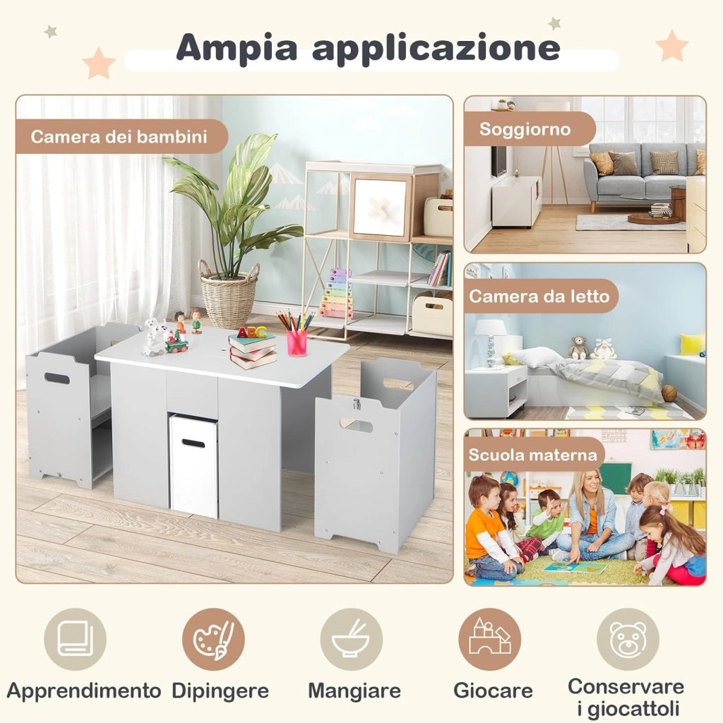 Set di Tavolo e Sedie per Bambini 4 in 1, Tavolo di Attività per Bambini con 2 Sedie Impilabili Coperchio Rimovibile e Contenitore, Grigio + Bianco, per bambini dai 3+ anni