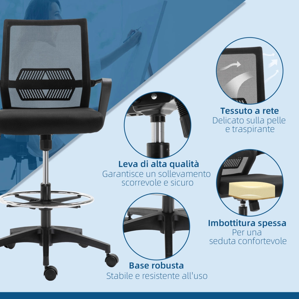 Sedia da Ufficio Regolabile in Tessuto con Braccioli e Poggiapiedi ¨C Minimal ¨C Nero 64x59x104-124 cm