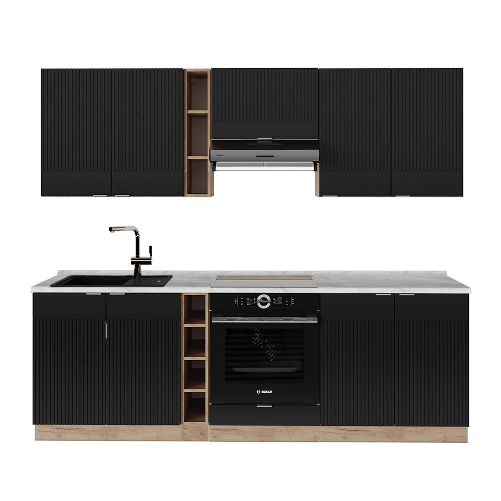 Cucina componibile Fame-Line Nero rigato/Rovere dorato 235 cm, PL Marmo Vicco