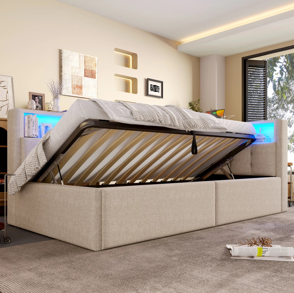 Daybed 90x200 cm Beige con LED, USB-C, Vani Portaoggetti e Sollevamento Idraulico