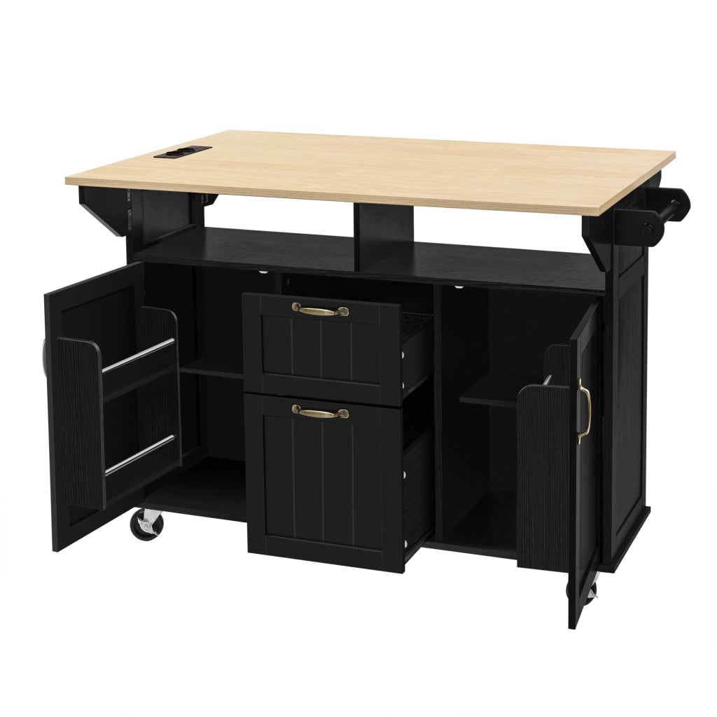 Carrello da cucina con 2 ante; 2 cassetti; vani aperti; piano ribaltabile; prese e portaasciugamani; in MDF; 120 x 40-60-80 x 92 cm; nero e naturale