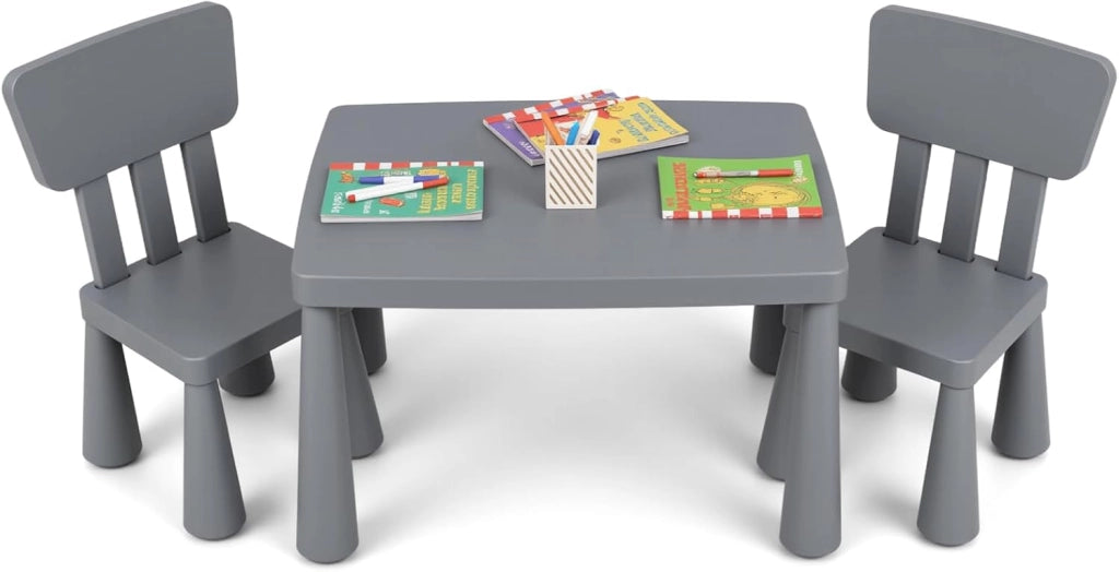 Set Tavolo e Sedie per Bambini 1-7 Anni, 2 Sedie Ergonomiche con Schienale, Materiale PP Atossico e Inodore, Angoli Arrotondati, Adatto per Giocare, Disegnare e Leggere, Portata 50kg (Bianco)
