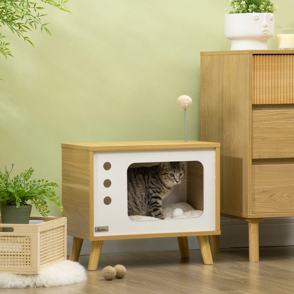 Libreria per Gatti in Truciolato a forma di Televisore con Cuscino e Pallina ¨C zephmum ¨C 50x28x43 cm