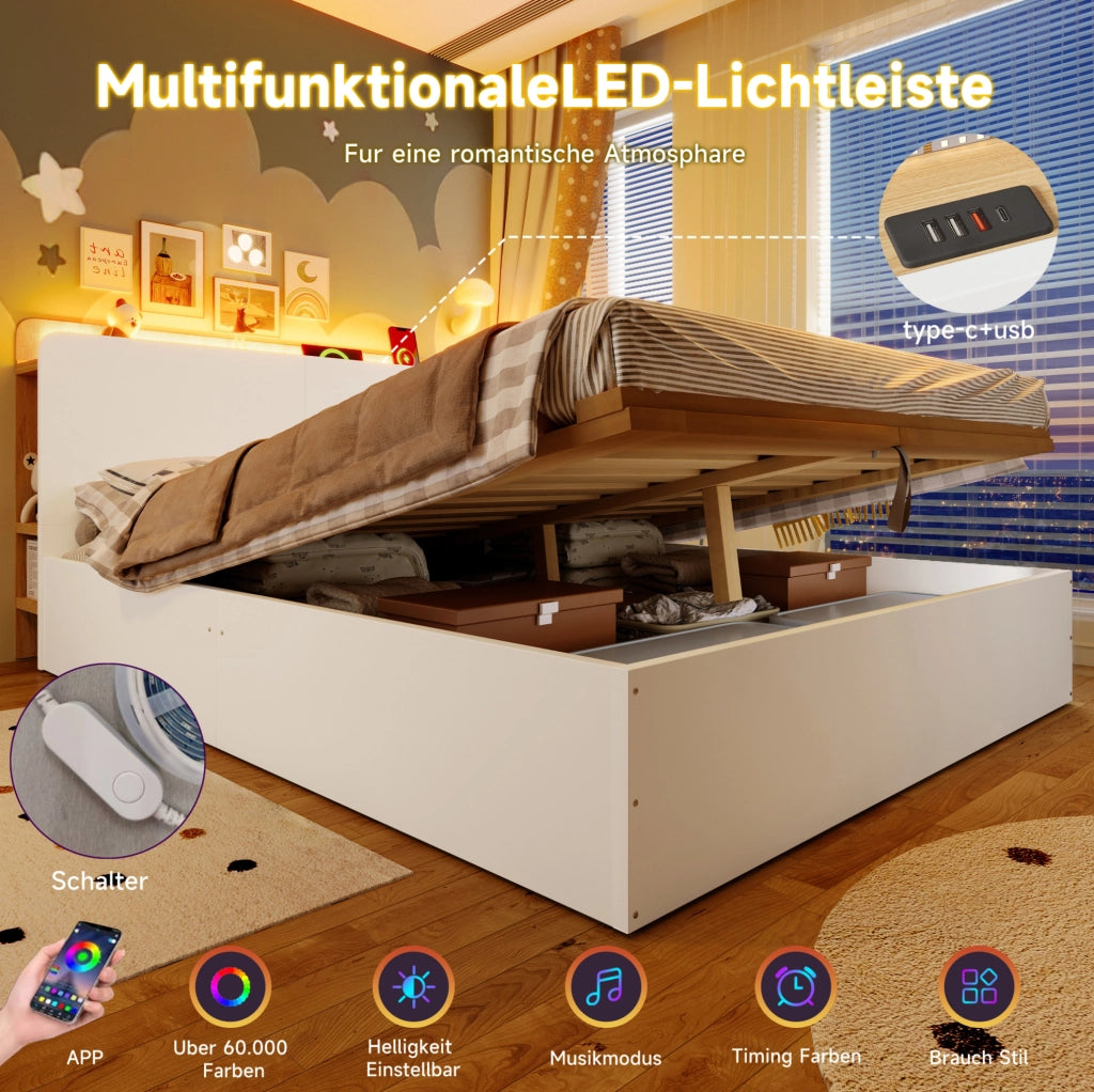Letto contenitore 140x200 cm bianco e naturale con LED e USB-C
