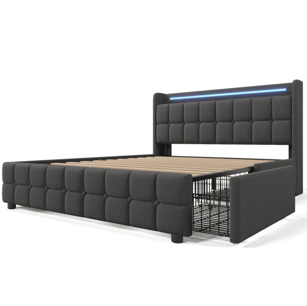 Letto matrimoniale 180x200 cm con LED; prese USB e 4 cassetti; legno grigio