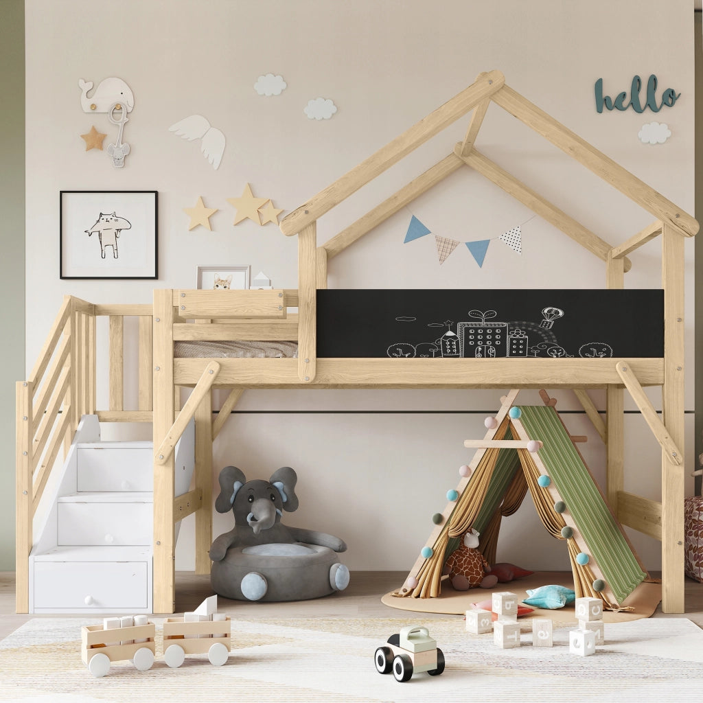 Letto a castello 90x200 - Xylo - Bianco-naturale con barriere e lavagna