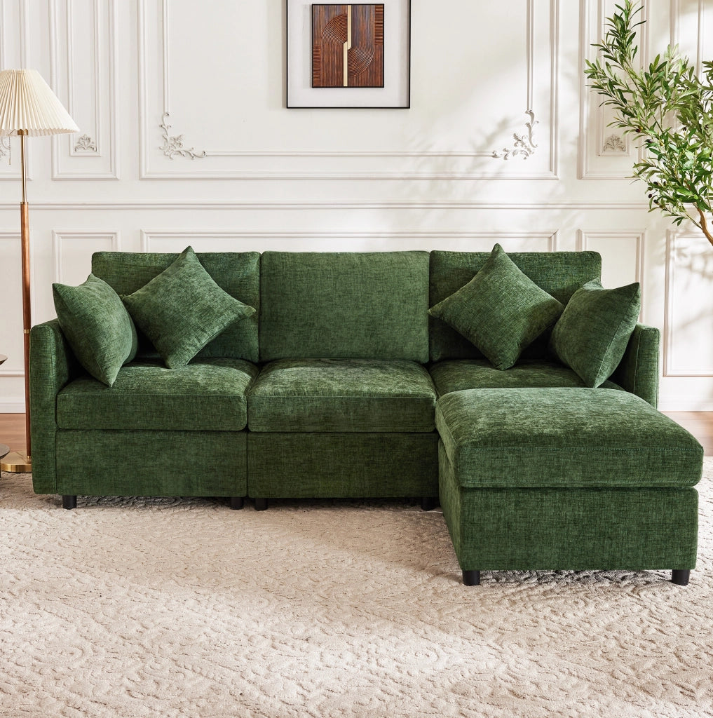 Sofa modulare angolare 216x161x81 cm in chenille verde; con pouf mobile e 4 cuscini