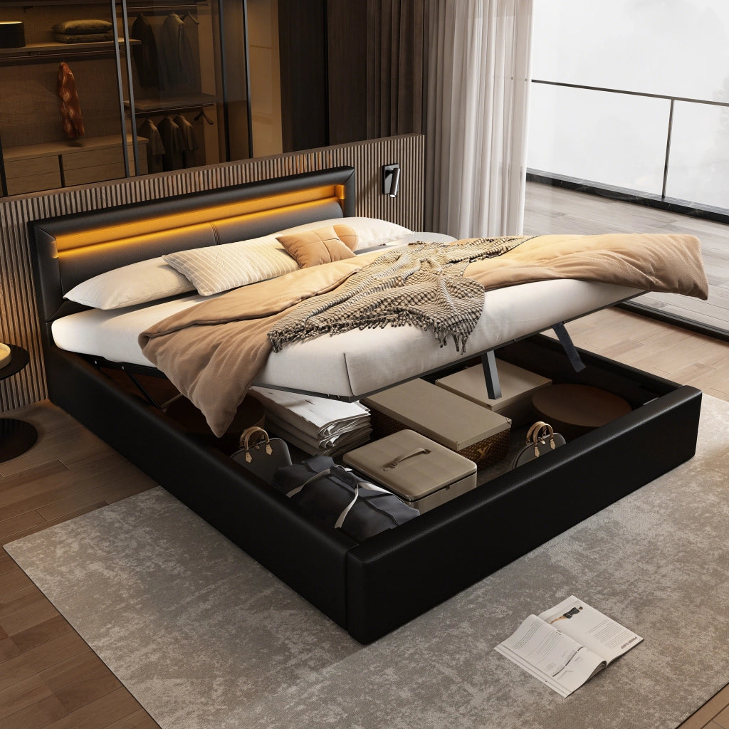 Letto imbottito 140 × 190 cm 2 posti con contenitore, LED e testiera, senza materasso, in PU, nero