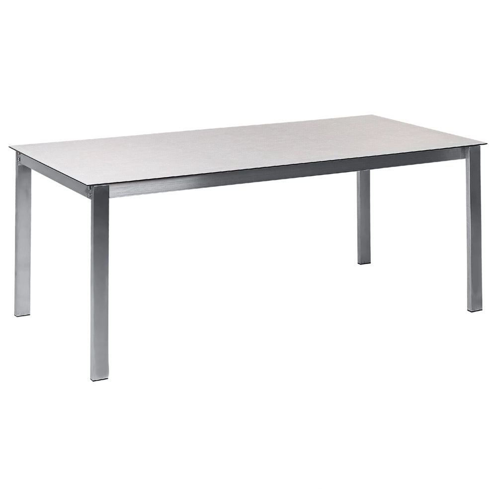 Set da pranzo da giardino con 6 posti in acciaio inox e vetro con sedie in tessuto bianco e beige esterno set moderno