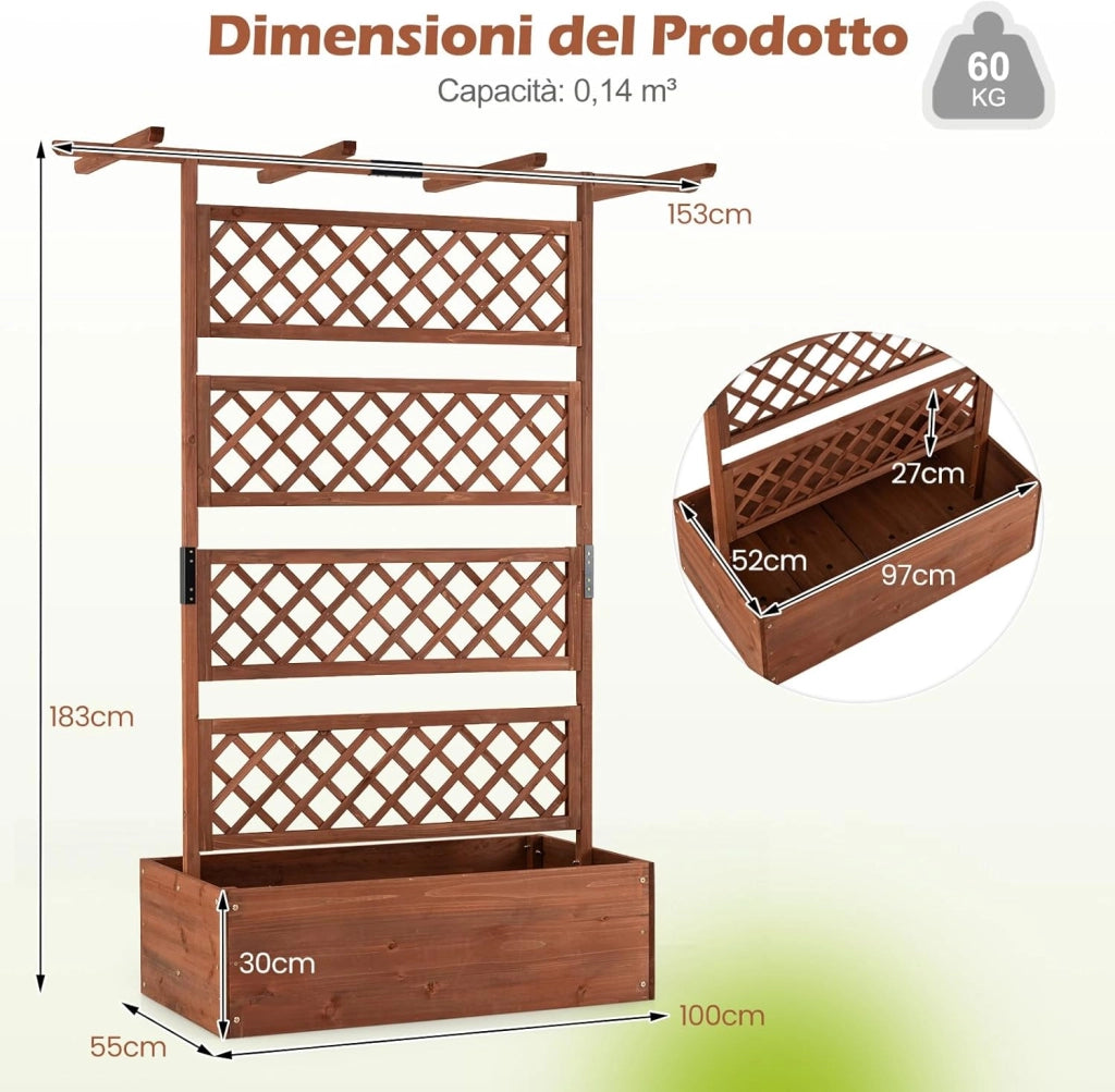 Letto da Giardino con Traliccio, Fioriera Rialzata in Legno con Spalliera, Fori di Drenaggio e Fondo Rimovibile, Aiuola Elevata con Griglia per Piante Rampicanti e Verdure