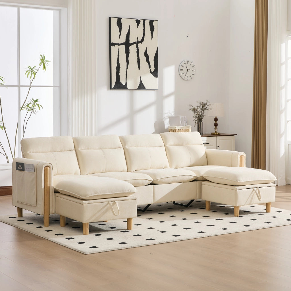 Divano modulare a U 4 posti - con 2 pouf contenitore e tasche laterali - in chenille beige