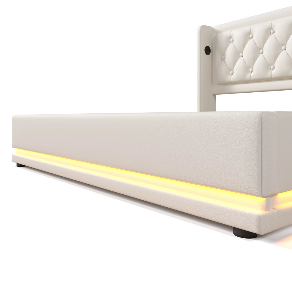 Letto matrimoniale contenitore 160x200 cm in PU bianco con LED; testiera imbottita e USB Tipo-C