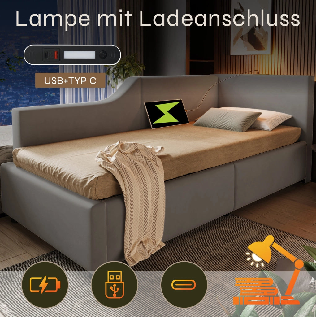 Divano letto daybed 90x190 cm in velluto grigio con contenitore; lampada da lettura e USB-C