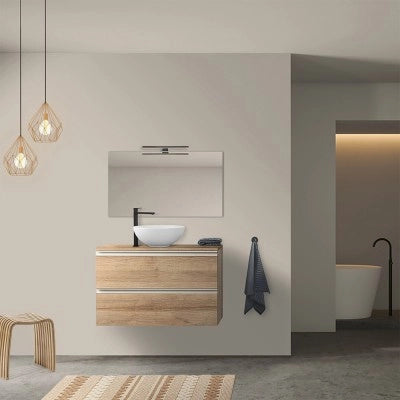 Mobile bagno sospeso 100 cm rovere miele con top e specchio tondo Master