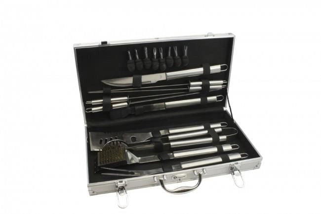 Leopold Vienna LV01070 Grillkoffer Barbecue Case 18 Pezzi in Acciaio Inox con Forchetta Coltello Pinze Spatola Pennello e Skewers colore Nero