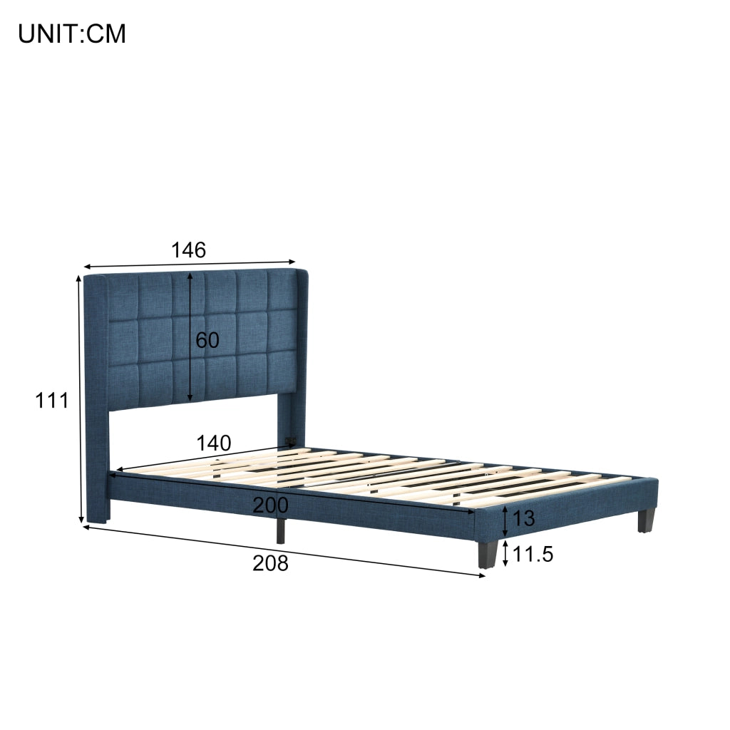 DESMIU Lit Double 140 × 200 cm avec tête de lit rembourrée, rete a doghe, con materasso, blu, lino
