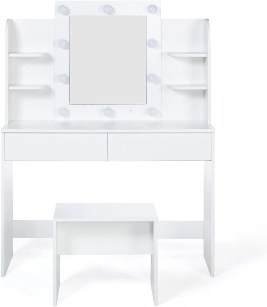 ZELIA tavolo da toilette bianco con 4 ripiani, specchio LED e sgabello
