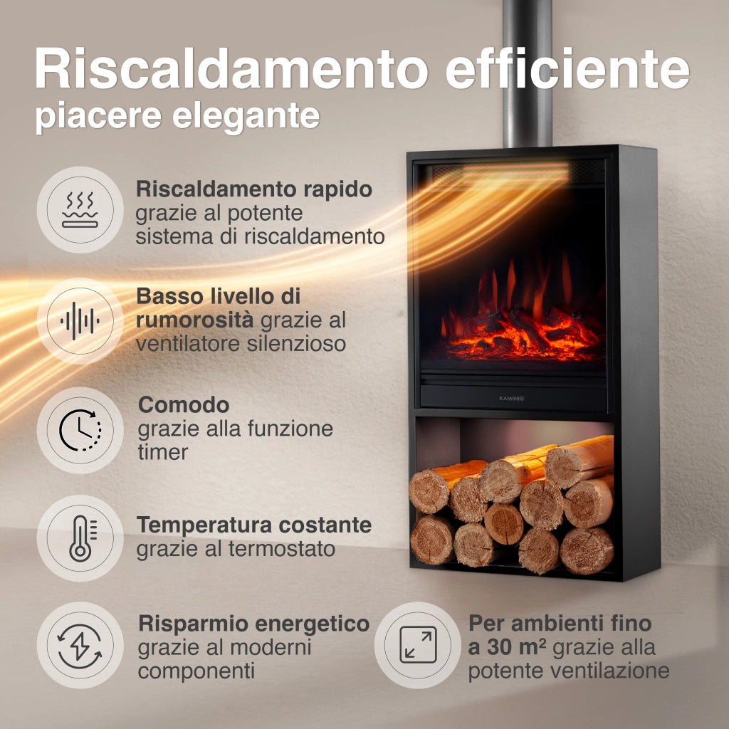 KAMINIO Camino elettrico HUGO con tubo del camino - Stufa elettrica riscaldamento, fiamma 3D, luce ambiente, scomparto de legno, telecomando - Nero