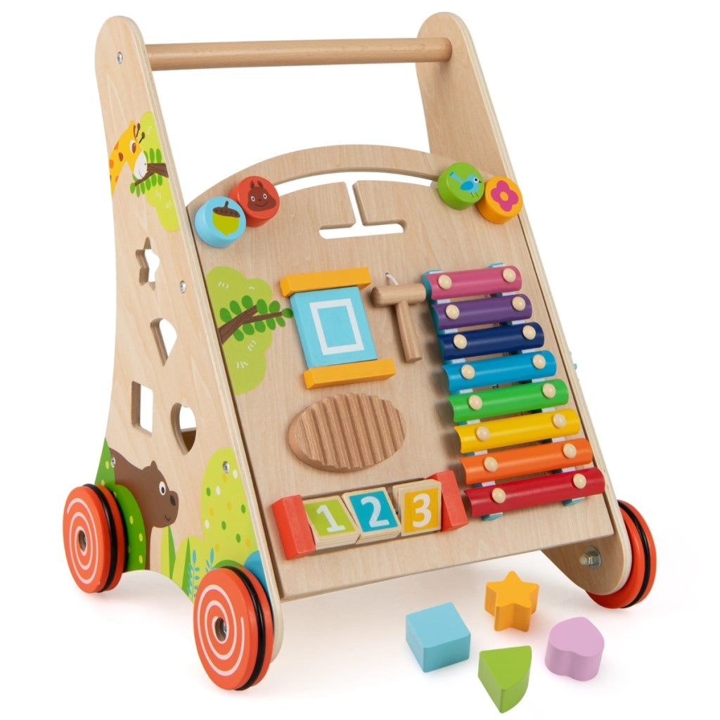 Carrello primi passi per bambini in legno, Girello a spinta con manico contenitore e ruote Multicolore