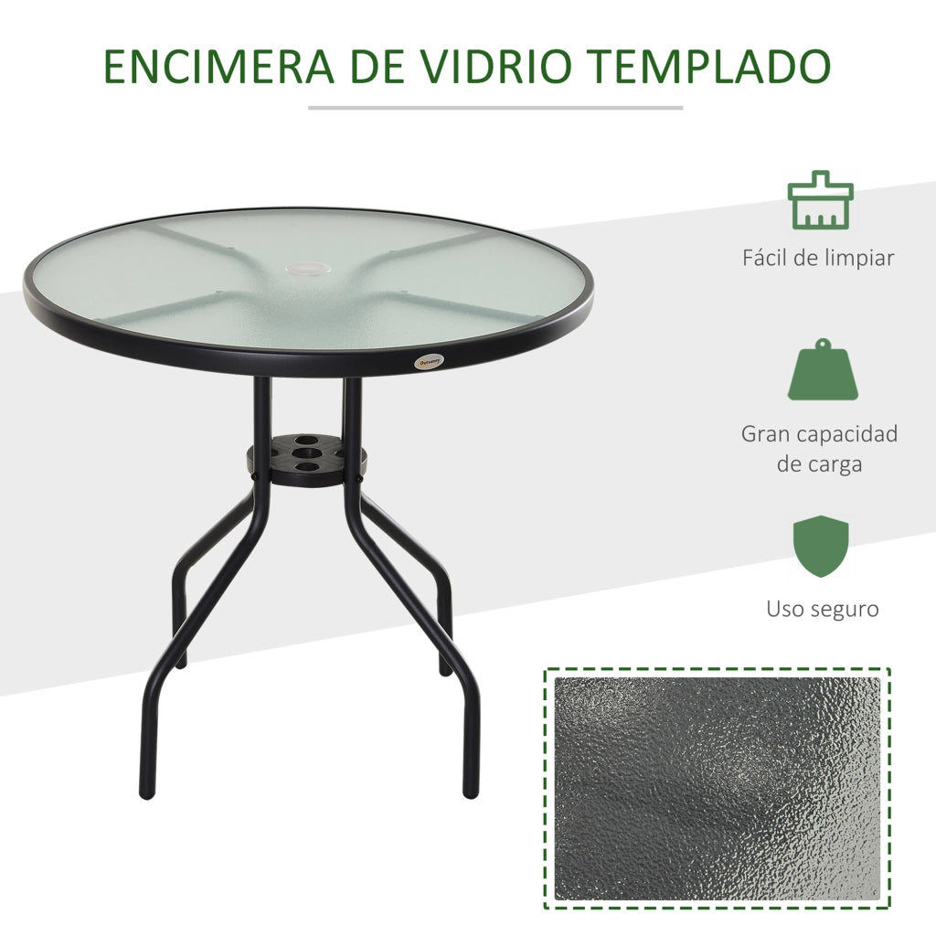 Tavolo da giardino rotondo ¨C Xylo ¨C vetro temperato nero con foro per ombrellone ?80x72 cm
