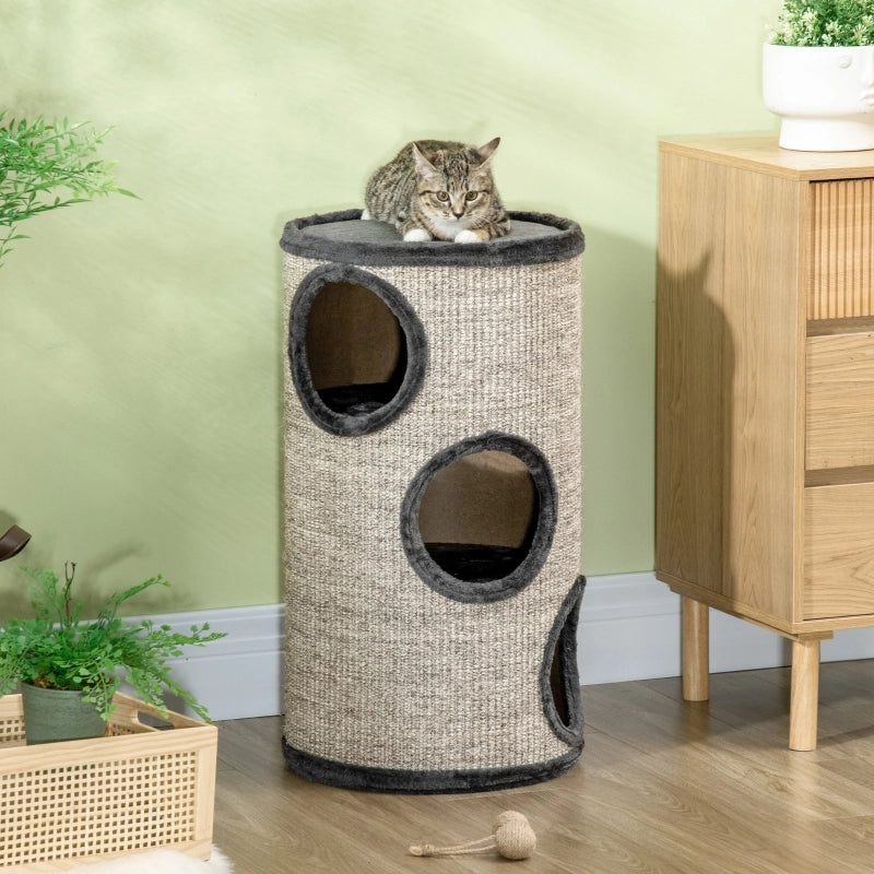 Tiragraffi a torre per gatti a 3 livelli con rivestimento in sisal e peluche, Ø38x70 cm, grigio chiaro