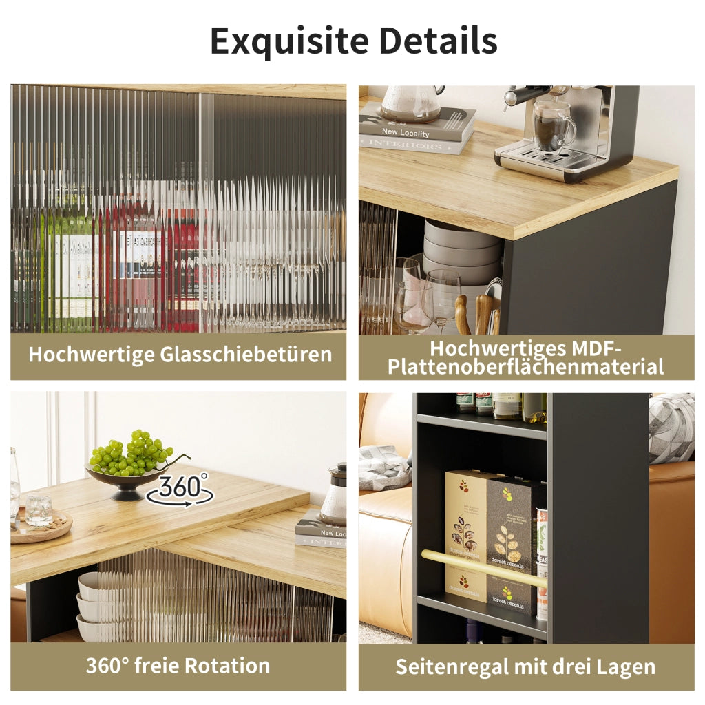 CREDENZA Girevole 360° 90x45x100 cm MDF Nero con porta scorrevole in vetro