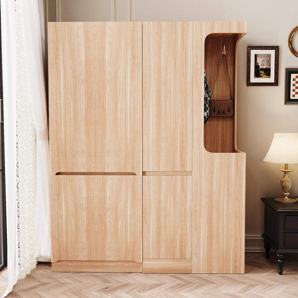 Armadio con 3 ante e 4 cassetti, area appendiabiti aperta e 3 vani contenitore, in legno, naturale 140 × 40 × 170 cm