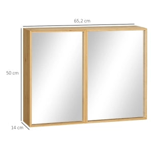 Armadietto a specchio con 2 ante e 3 ripiani interni, da parete, per bagno, in bambù, legno naturale, 65,2 × 14 × 50 cm