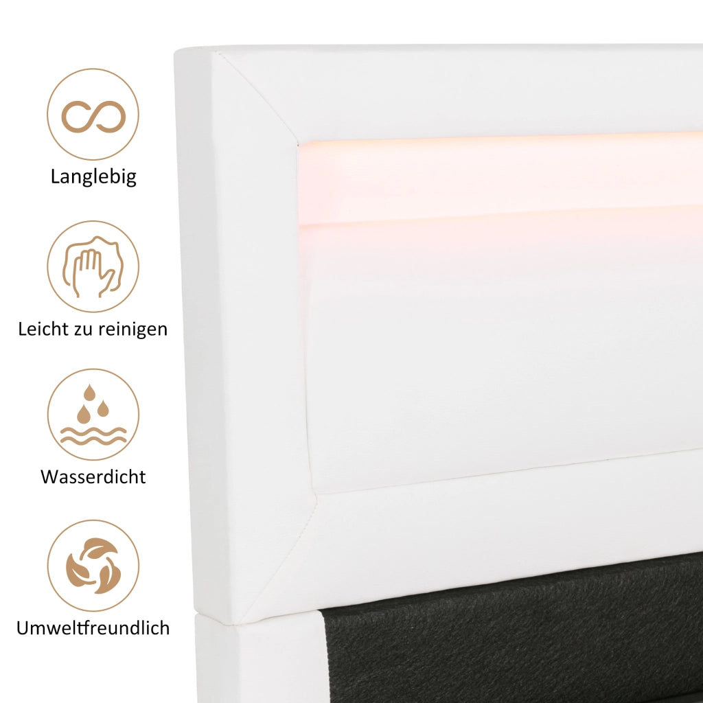 LETTO imbottito LED 140x200 cm Bianco in PU con rete a doghe e contenitore