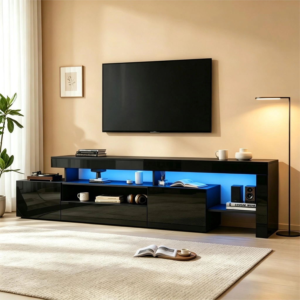Mobile TV lucido nero 192x37x53 cm per TV fino a 85", con 3 ante, LED con controllo da app e ripiani aperti