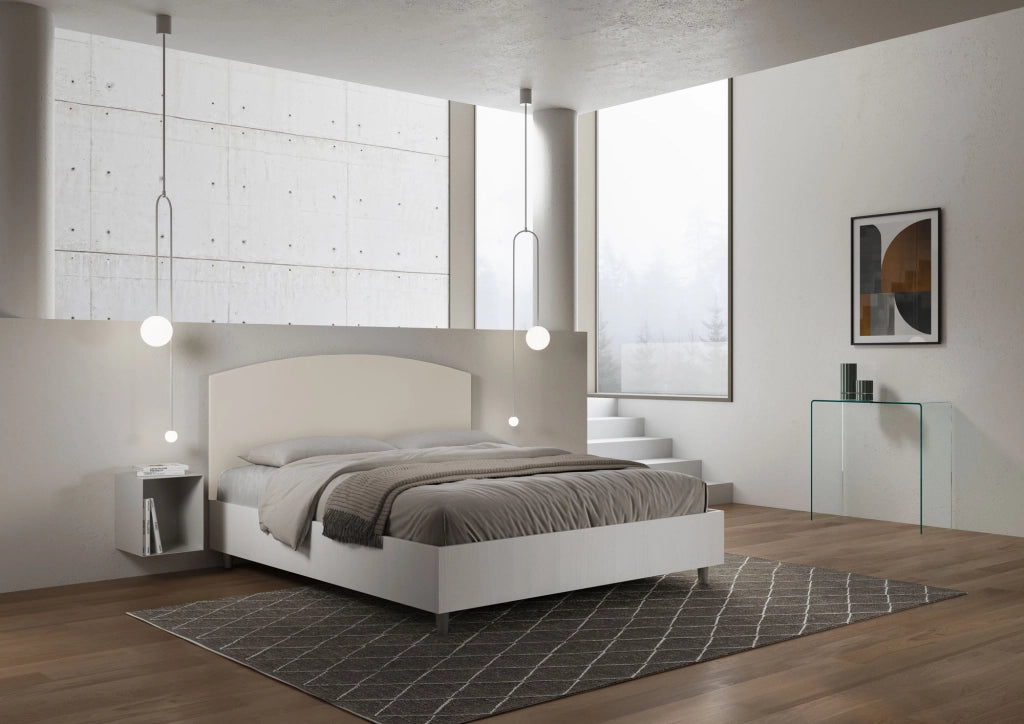 Letto Matrimoniale 160x200 cm con Rete e Contenitore Alzata Comoda Struttura Bianco Frassico e Testata in Similpelle