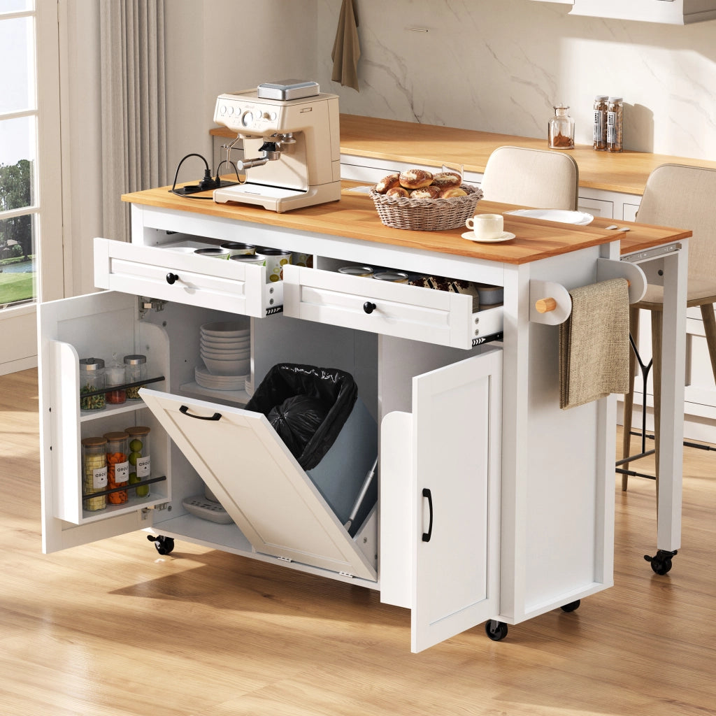Isola da Cucina con Piano Estensibile; Vano per Pattumiera e Prese; per Cucina e Sala da Pranzo; in MDF; 120x40-75x92 cm; Bianca