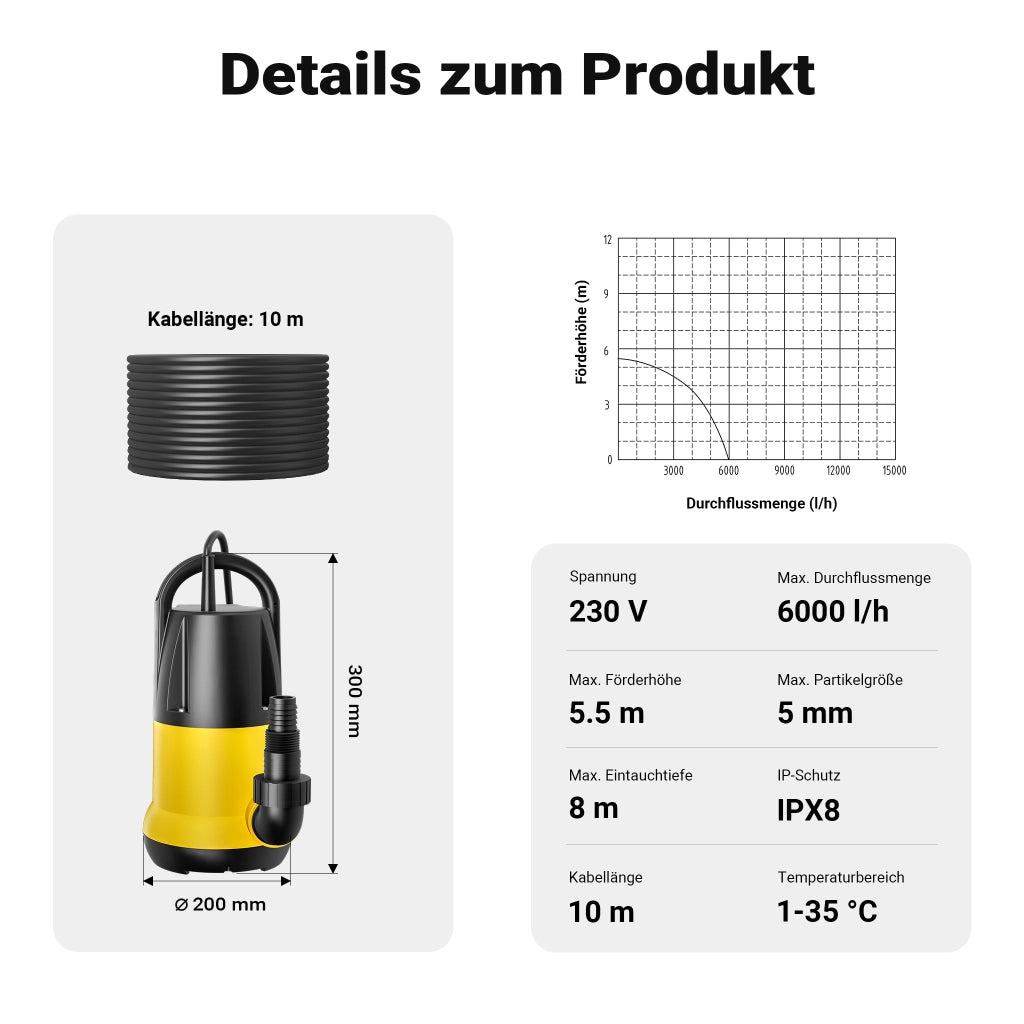 Pompa sommersa acque nere 6000 l/h 250 w prevalenza 5,5m Elettropompa a immersione