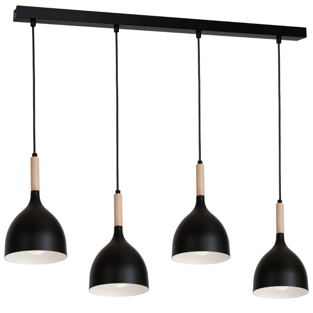 Lampada sospesa nera/legno 4 luci barra 102cm Noak