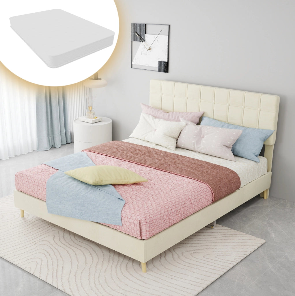 Letto matrimoniale 140x200 cm beige con testiera imbottita