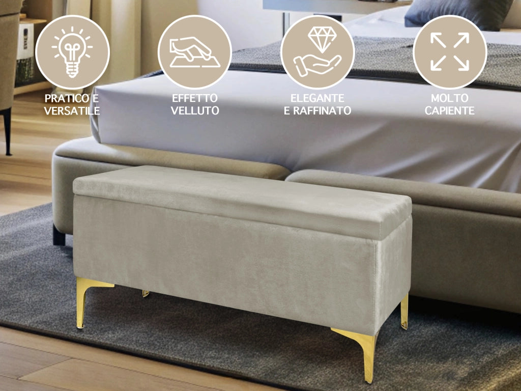 Pouf Panca Imbottita Divanetto In Velluto Contenitore PortaOggetti Panca Sgabello A Pie Di Letto Con Gambe In Metallo Dorato Cassapanca Ingresso Legno Massello Panchina  - Tortora
