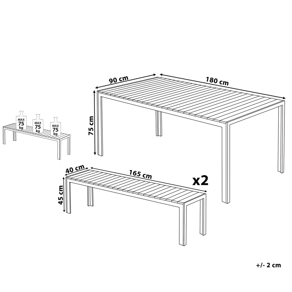 Set da Pranzo da Giardino Tavolo Rettangolare 2 Panche Telaio Alluminio anodizzato nero esterno terrazzo