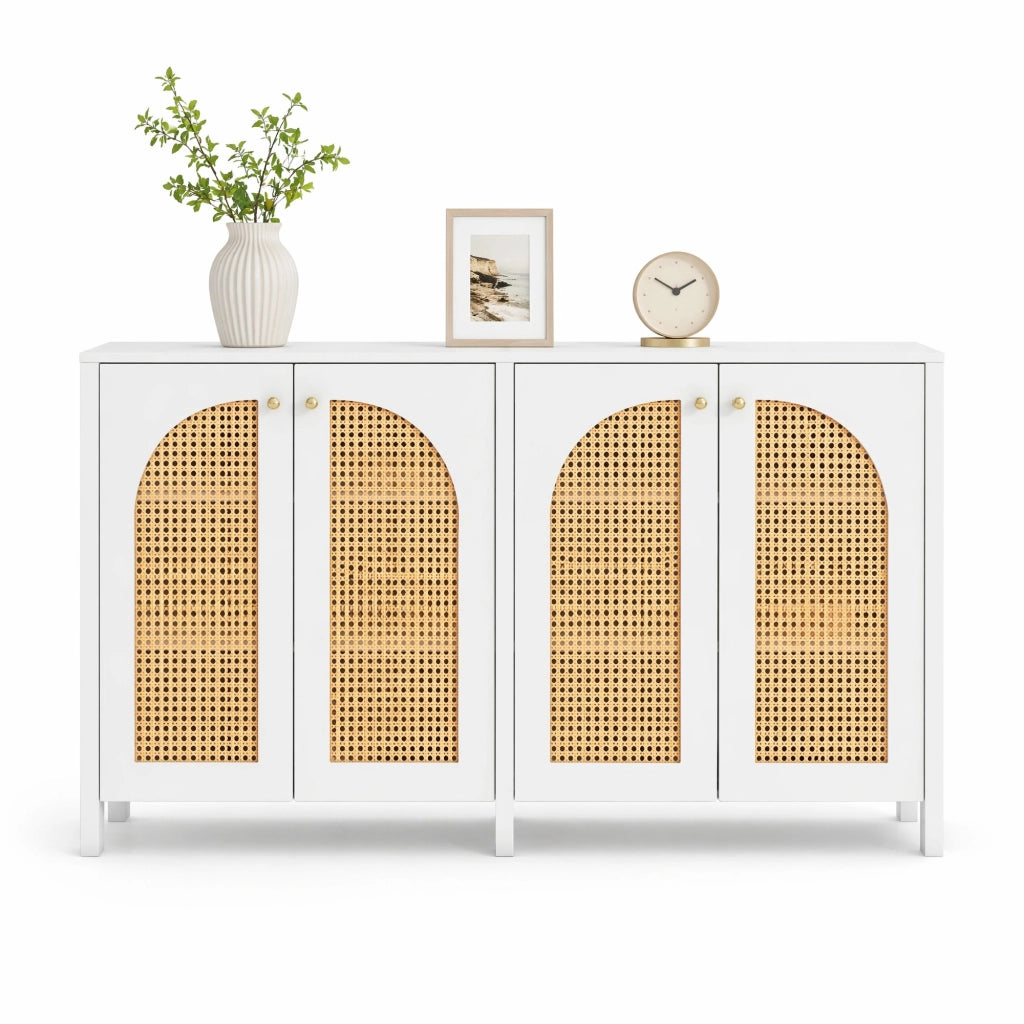 Credenza sideboard a 4 ante in MDF e PE rattan; ripiano regolabile; bianca