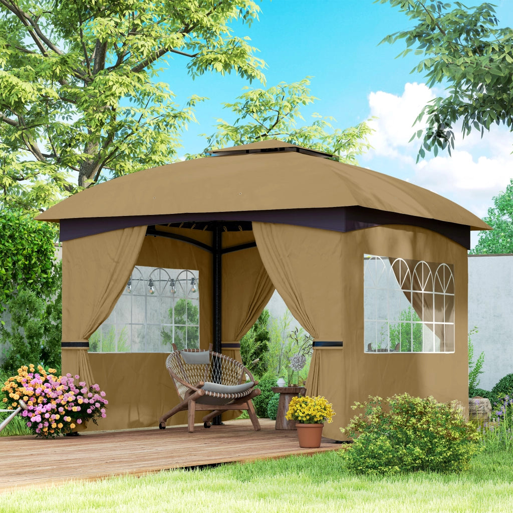 Gazebo da Giardino Con Doppio Tetto E 4 Teli Laterali; Poliestere PU; Beige; Protezione UV20+; 335×335×285 cm