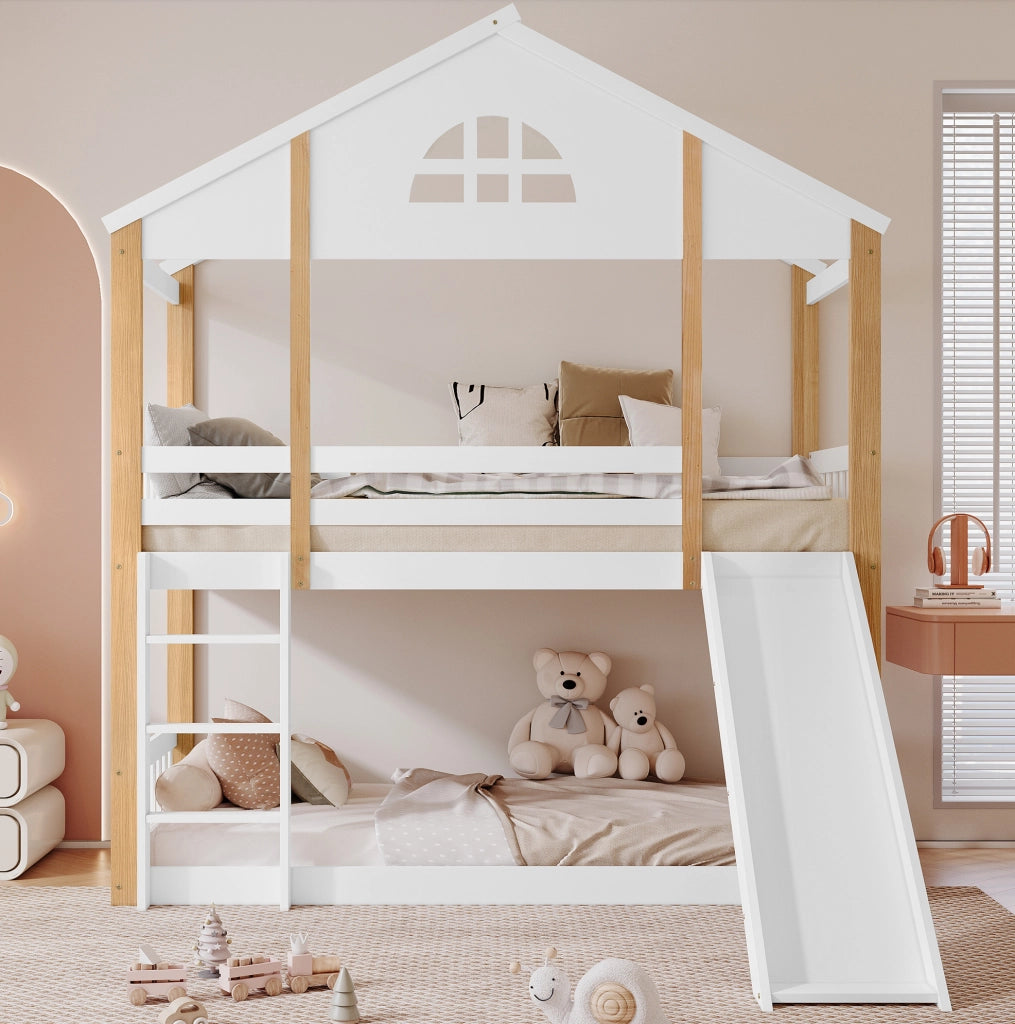 Letto a castello 90x200 cm con scivolo e scala in legno di pino e MDF bianco