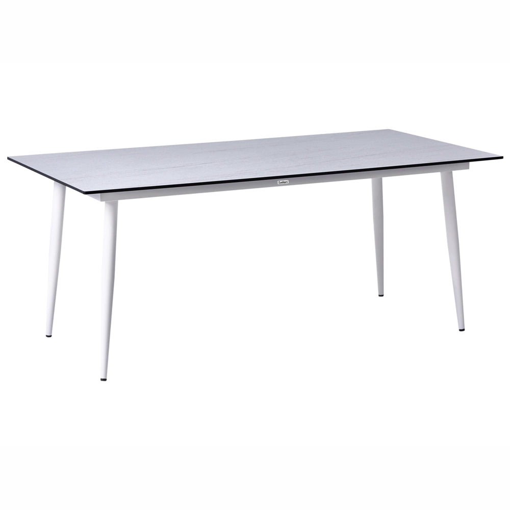 Tavolo da giardino con piano in HPL e struttura in alluminio bianco resistente ai raggi UV all'acqua per esterni, in stile moderno