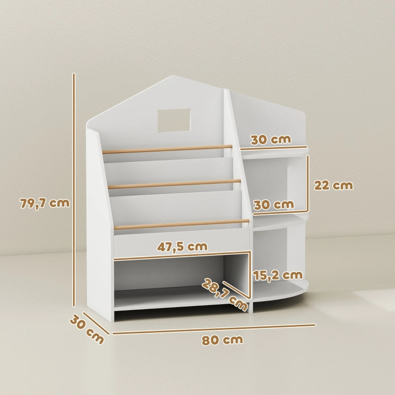 Libreria per bambini in legno bianco con 7 vani aperti e scaffali frontali