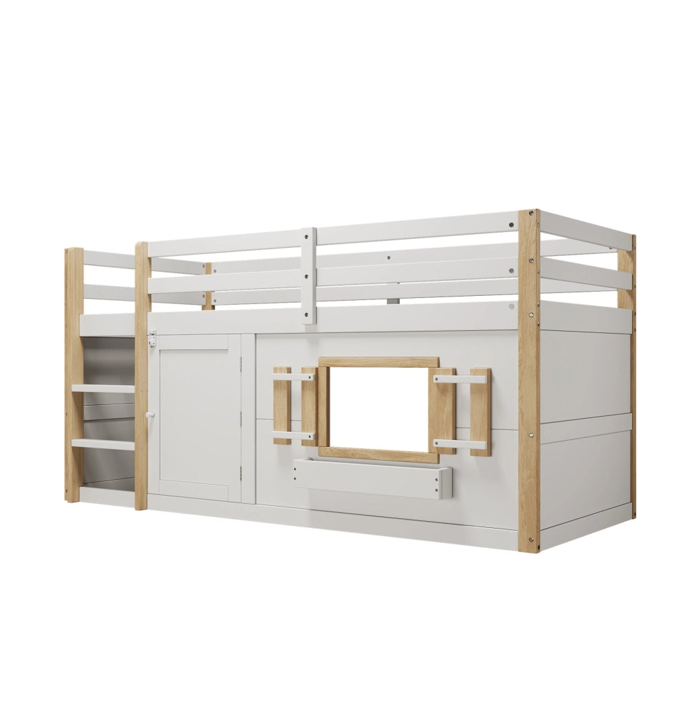 Letto rialzato per bambini 90x200 cm con scala e spazio inferiore multifunzione; bianco
