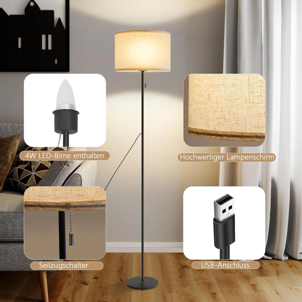 ZMH Lampada da terra LED retrò paralume tessuto dimmerabile interruttore cavo per soggiorno